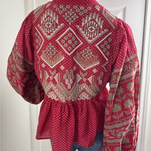 Anthropologie Keira Embroidered Peplum Blouse top shirt v neck Boho Size 8. A25 - Picture 9 of 14
